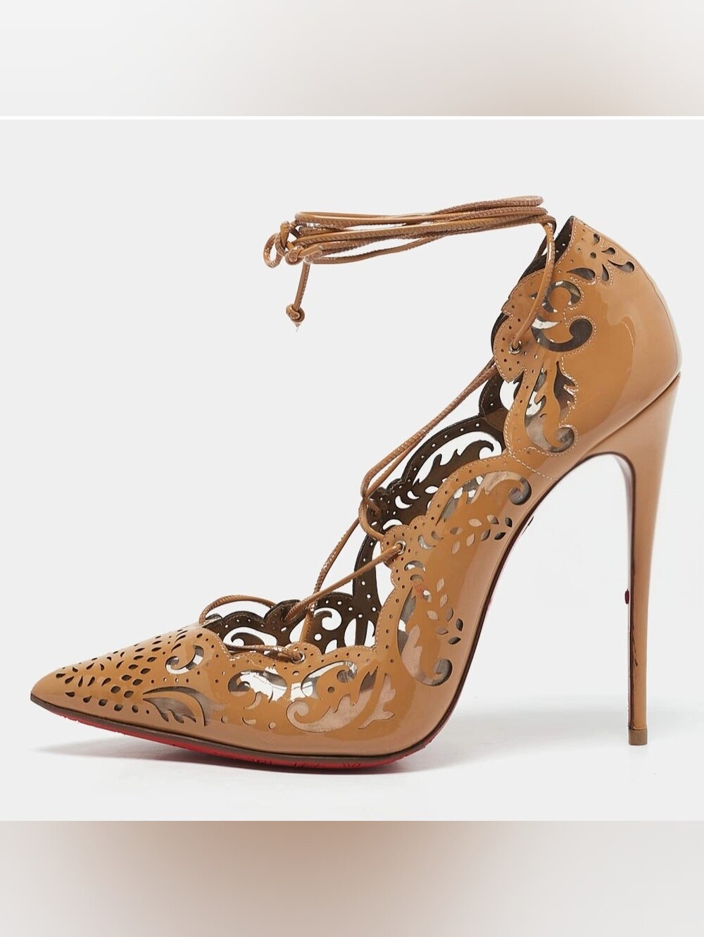 Christian Louboutin Tan Laser-Cut Lace-Up Patent Pointed-Toe Pumps - Picture 2 of 9